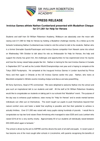 PRESS RELEASE  Invictus Games athlete Nathan Cumberland presented with Mudathon Cheque  for