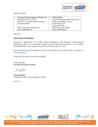 January 24, 2018 1.  National Stock Exchange of India Ltd. 2. BSE Limited Exchange Plaza, 5 th