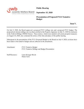 Public Hearing  September 15, 2020  Presentation of Proposed FY21 Tentative Budget  Item V.  On