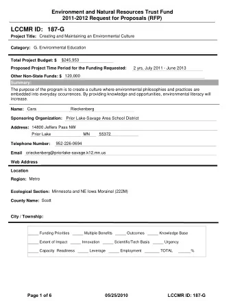 LCCMR ID: 187-G  Project Title:  Creating and Maintaining an Environmental Culture  Category:  G.