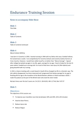 Endurance Training Session  Notes to accompany Slide Show  Slide 1  Title Slide  Slide 2  Table of
