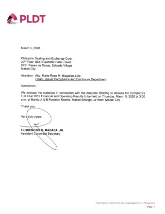 FINANCIAL AND OPERATING RESULTS 5 th March 2020  PLDT Group:  4Q 2019 Financial Highlights  (in