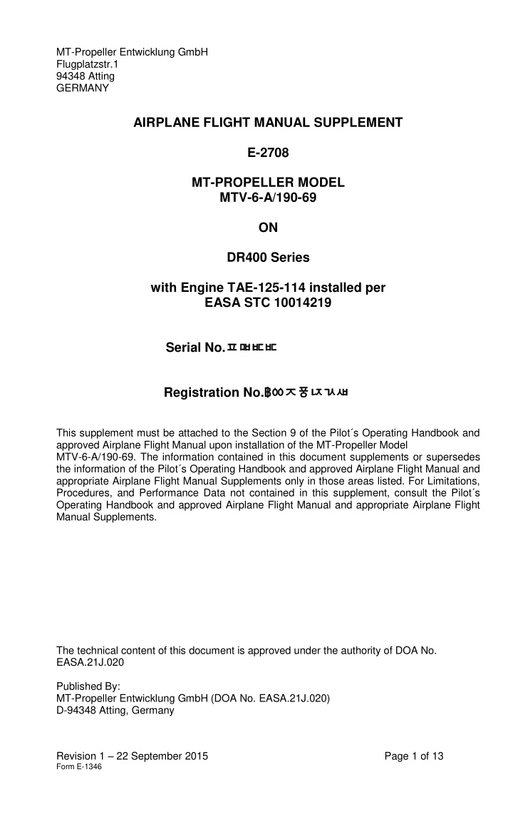 airplane flight manual supplement e 2708 mt propeller
