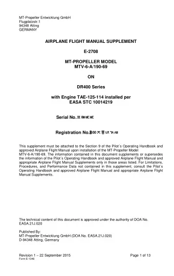 AIRPLANE FLIGHT MANUAL SUPPLEMENT  E-2708  MT-PROPELLER MODEL  MTV-6-A/190-69  ON  DR400 Series