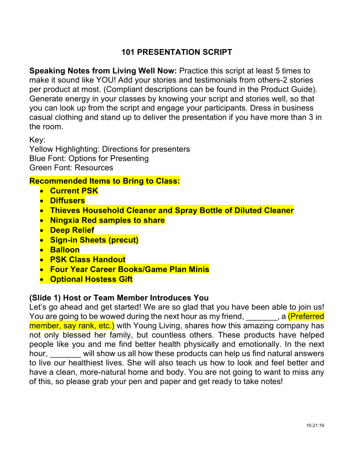 101 presentation script speaking notes from living well