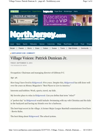 Village Voices: Patrick Dunican Jr.  FRIDAY, SEPTEMBER 13, 2013  THE RIDGEWOOD NEWS  Occupation: