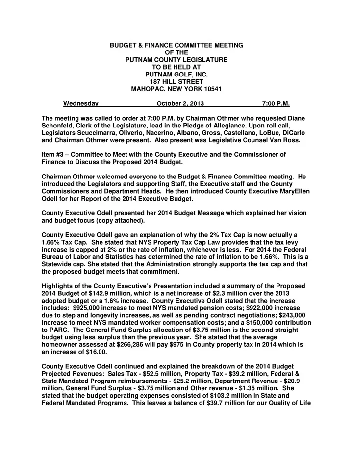 budget finance committee meeting of the putnam county