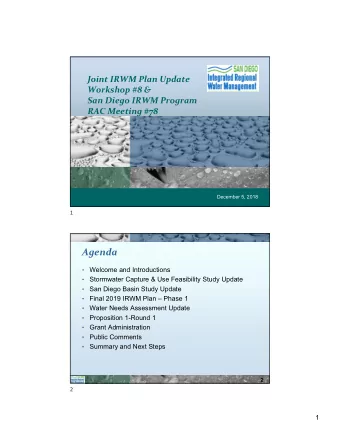 Agenda  Welcome and Introductions    Stormwater Capture &amp; Use Feasibility Study Update