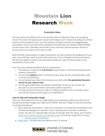 Mountain Lion Research Week  Presentat  ation  ion Vid  ideos  os  This year will be a bit
