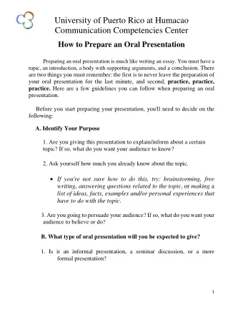 University of Puerto Rico at Humacao  Communication Competencies Center  How to Prepare an Oral