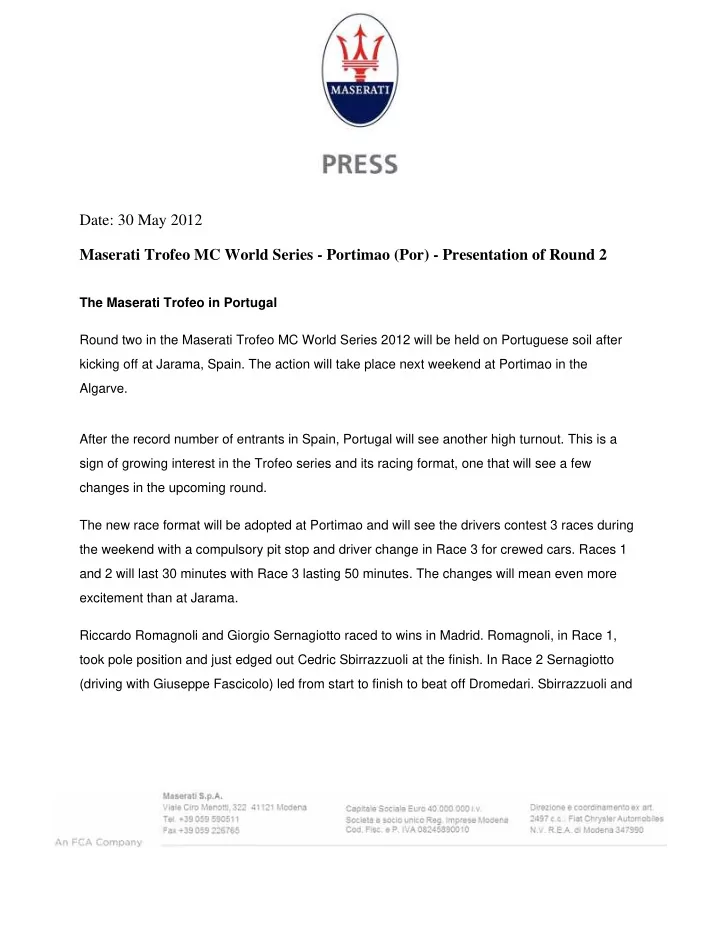 date 30 may 2012 maserati trofeo mc world series portimao