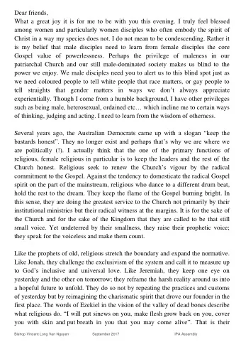 Dear friends,  What a great joy it is for me to be with you this evening. I truly feel blessed