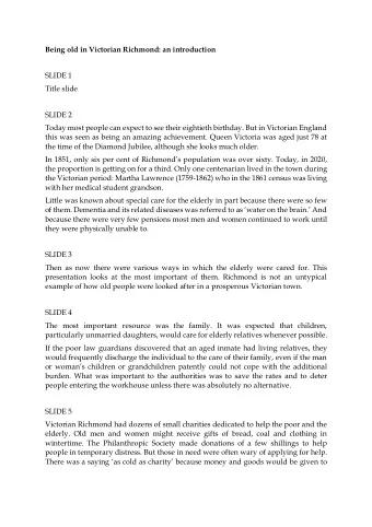 Being old in Victorian Richmond: an introduction  SLIDE 1  Title slide  SLIDE 2  Today most people