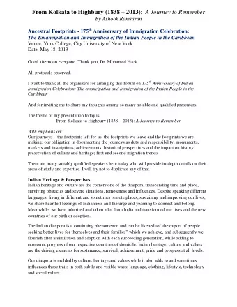 From Kolkata to Highbury (1838  2013 ): A Journey to Remember  By Ashook Ramsaran Ancestral