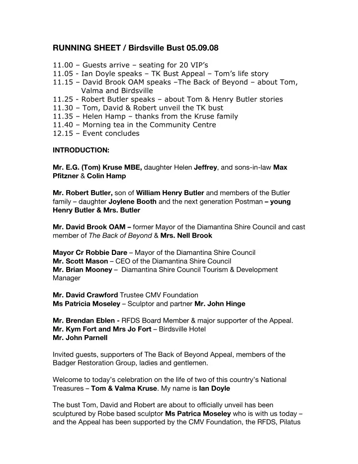 running sheet birdsville bust 05 09 08
