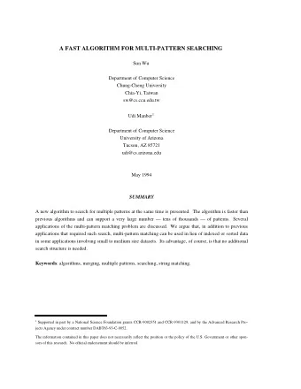 A FAST ALGORITHM FOR MULTI-PATTERN SEARCHING  Sun Wu  Department of Computer Science  Chung-Cheng