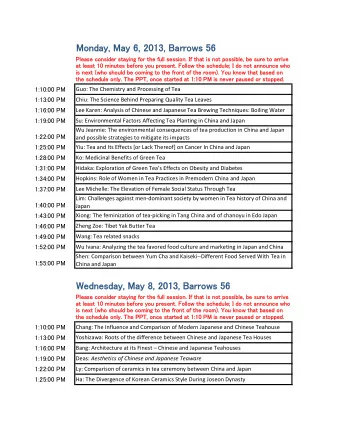 Monday, May 6, 2013, Barrows 56  Please consider staying for the full session. If that is not