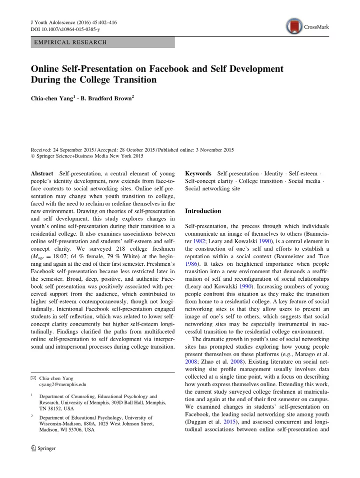online self presentation on facebook and self development