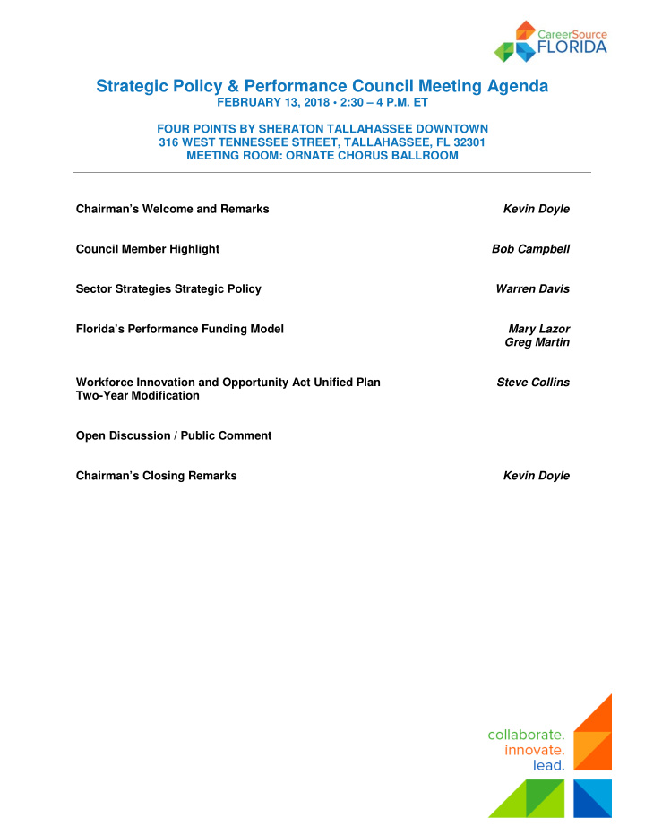 strategic policy performance council meeting agenda