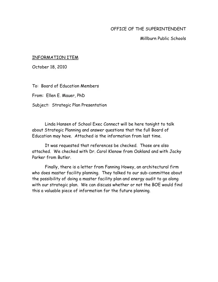 office of the superintendent millburn public schools