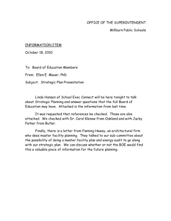 OFFICE OF THE SUPERINTENDENT  Millburn Public Schools  INFORMATION ITEM  October 18, 2010  To: