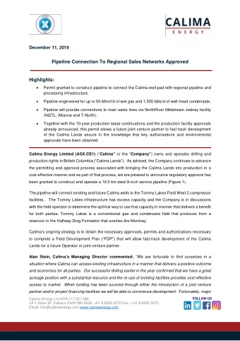 Pipeline Connection To Regional Sales Networks Approved  Highlights:   Permit granted to