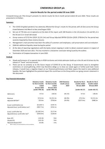 CINEWORLD GROUP plc  Interim Results for the period ended 30 June 2020 Cineworld Group plc (the
