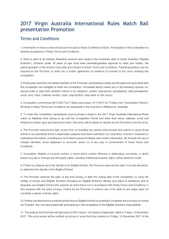 2017 Virgin Australia International Rules Match Ball  presentation Promotion  Terms and Conditions