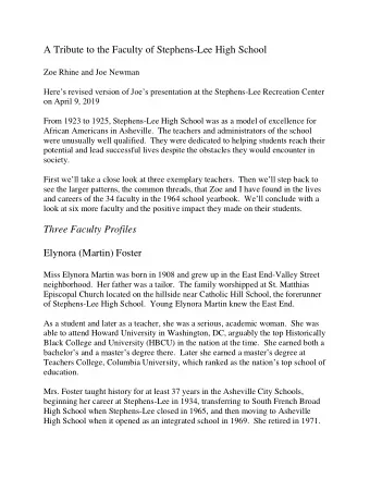 A Tribute to the Faculty of Stephens-Lee High School  Zoe Rhine and Joe Newman Heres revised