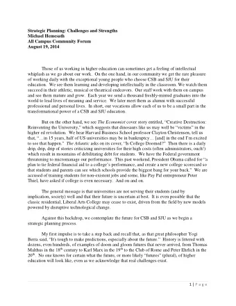 Strategic Planning: Challenges and Strengths  Michael Hemesath  All Campus Community Forum  August
