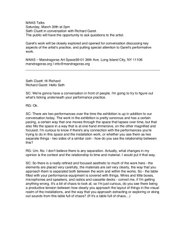 MAAS Talks  Saturday, March 30th at 2pm Seth Cluett in conversation with Richard Garet.   The