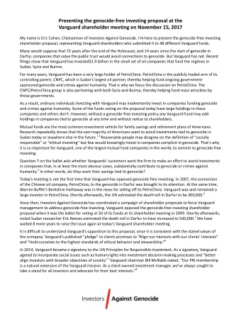 Presenting the genocide-free investing proposal at the Vanguard shareholder meeting on November 15,