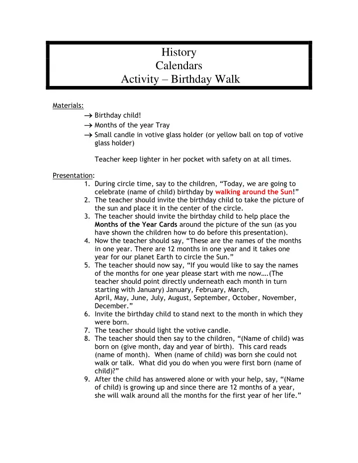 history calendars activity birthday walk
