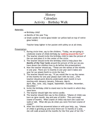 History  Calendars Activity  Birthday Walk  Materials:  Birthday child!  Months of the