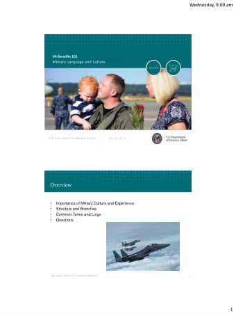 Wednesday, 9:00 am  VETERANS  VA Benefits 101  BENEFITS  Military Language and Culture