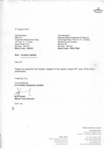 ......m...,,..  Pidilite OuIlding bonds  Pidilite Industries Limited  Investor Update  Quarter