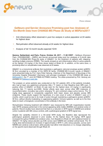 GeNeuro and Servier Announce Promising post hoc Analyses of  Six-Month Data from CHANGE-MS Phase 2b