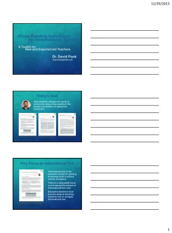 Close Reading Instruction  for Informational Texts:  A Toolkit for  New and Experienced Teachers