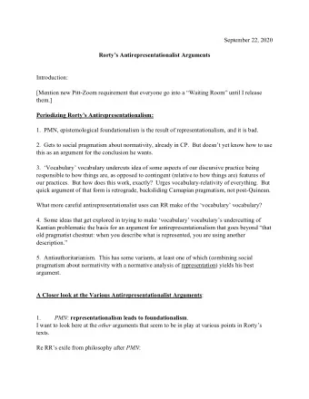 September 22, 2020 Rortys Antirepresentationalist Arguments  Introduction: [Mention new