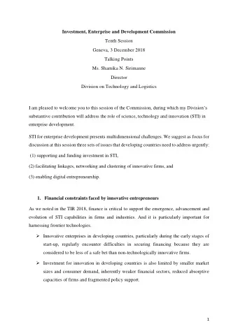 Investment, Enterprise and Development Commission  Tenth Session  Geneva, 3 December 2018  Talking