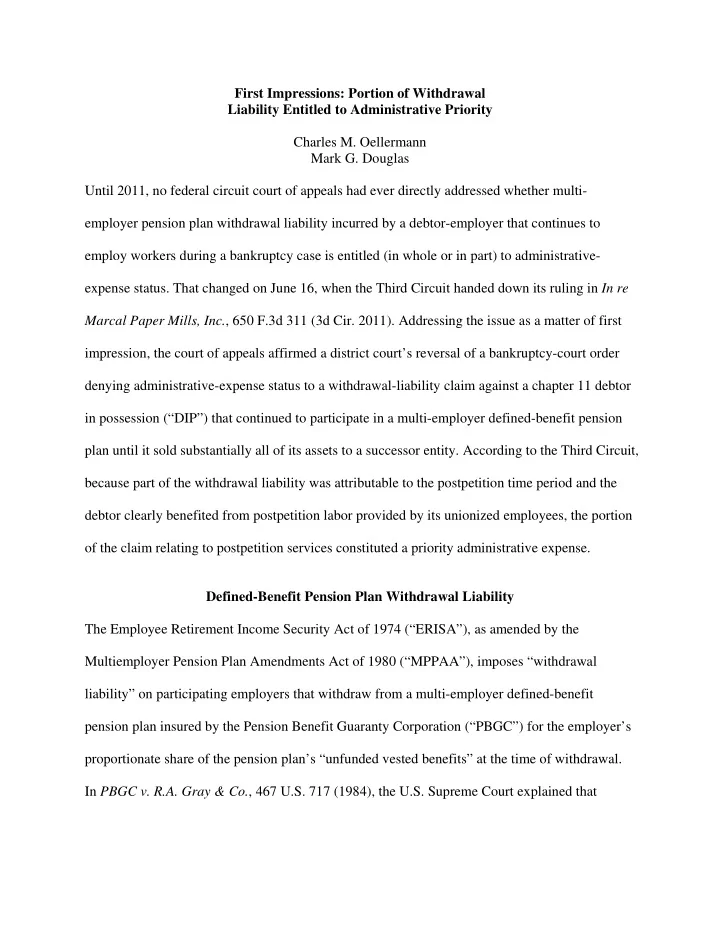 first impressions portion of withdrawal liability