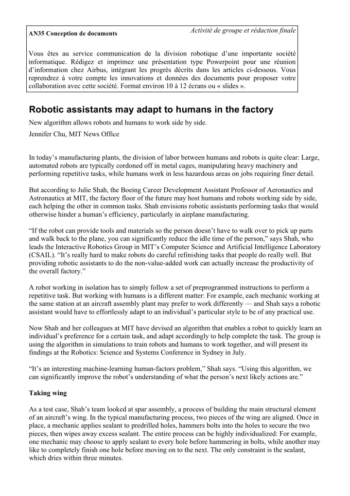 robotic assistants may adapt to humans in the factory