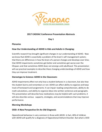 2017 CADDAC Conference Presentation Abstracts  Day 1  Plenaries  How Our Understanding of ADHD in