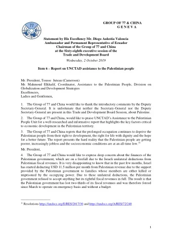 GROUP OF 77 &amp; CHINA  G E N E V A  Statement by His Excellency Mr. Diego Aulestia Valencia