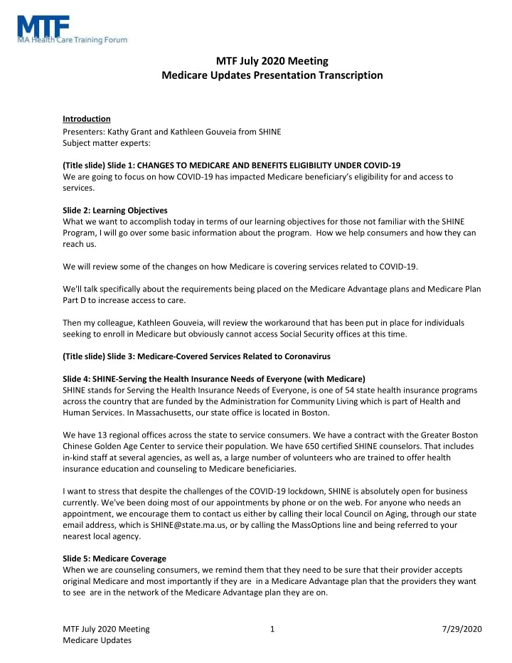 mtf july 2020 meeting medicare updates presentation
