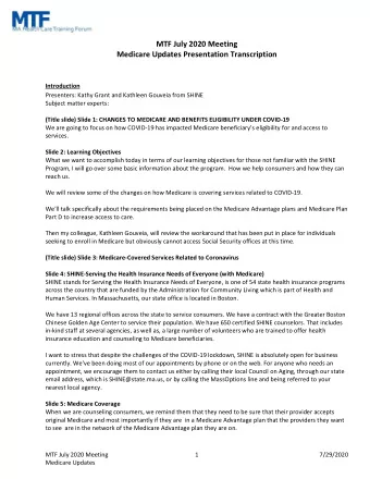 MTF July 2020 Meeting  Medicare Updates Presentation Transcription  Introduction  Presenters: Kathy