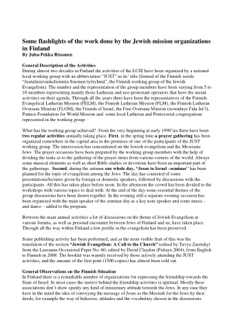 Some flashlights of the work done by the Jewish mission organizations  in Finland  By Juha-Pekka