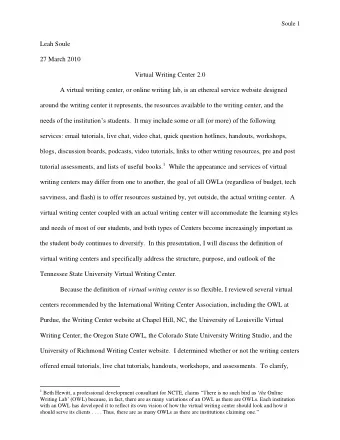 Leah Soule  27 March 2010  Virtual Writing Center 2.0  A virtual writing center, or online writing