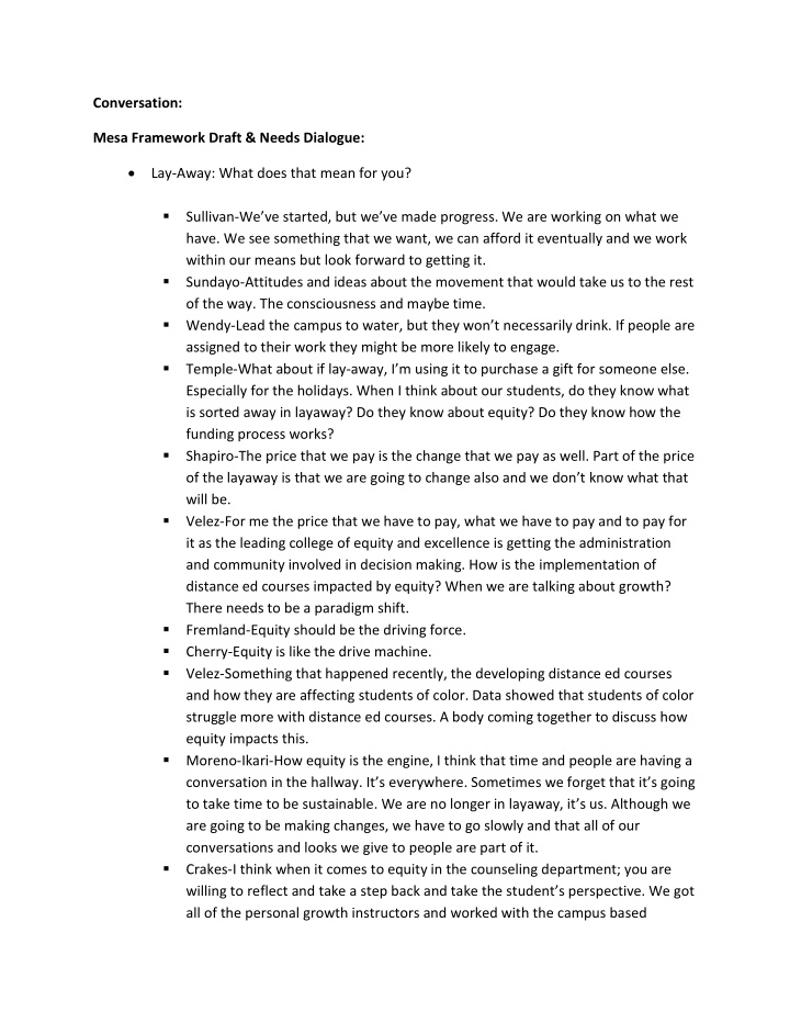 conversation mesa framework draft needs dialogue lay away