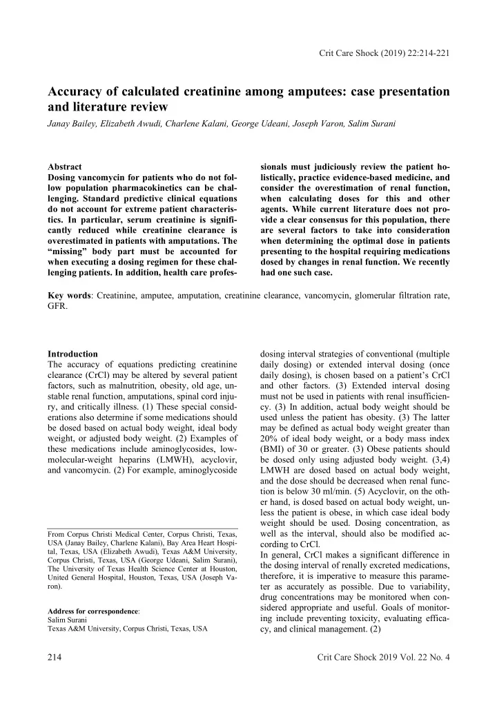 accuracy of calculated creatinine among amputees case